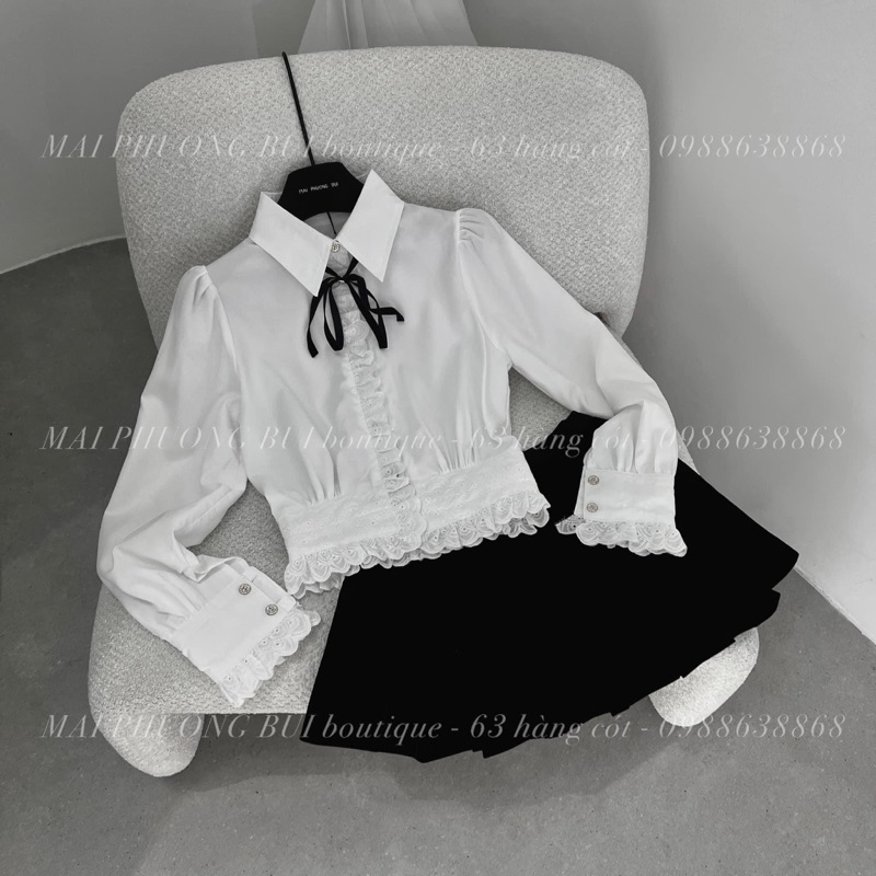 ẢNH THẬT-set sơ mi pha ren trắng kèm nơ tách rời mai phương bùi fulltag mac 2 tem