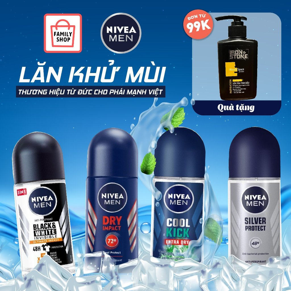 Lăn Khử Mùi Nivea Men Khô Thoáng, Cool Kick, Black & White, Phân tử bạc