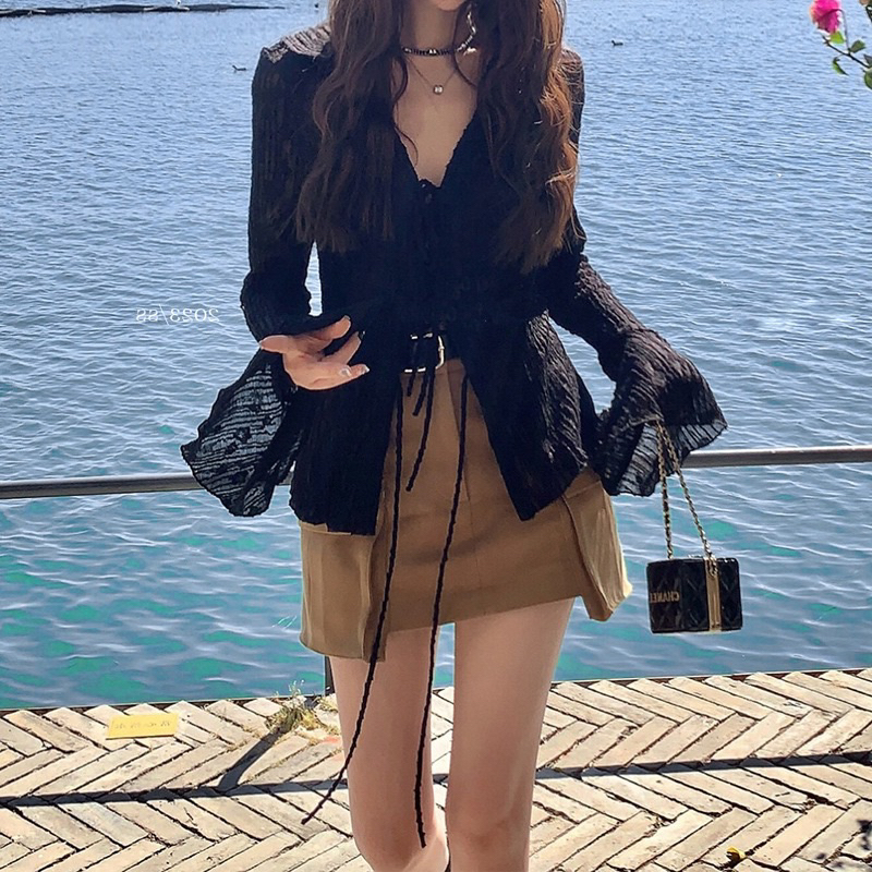 SET 4 MÓN Áo Sơ Mi Nữ Tay Dài BRA HAI DÂY CHÂN VÁY KAKI NÂU KÈM BELT