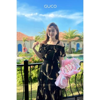 Đầm nữ bèo vai voan dập họa tiết siêu xinh