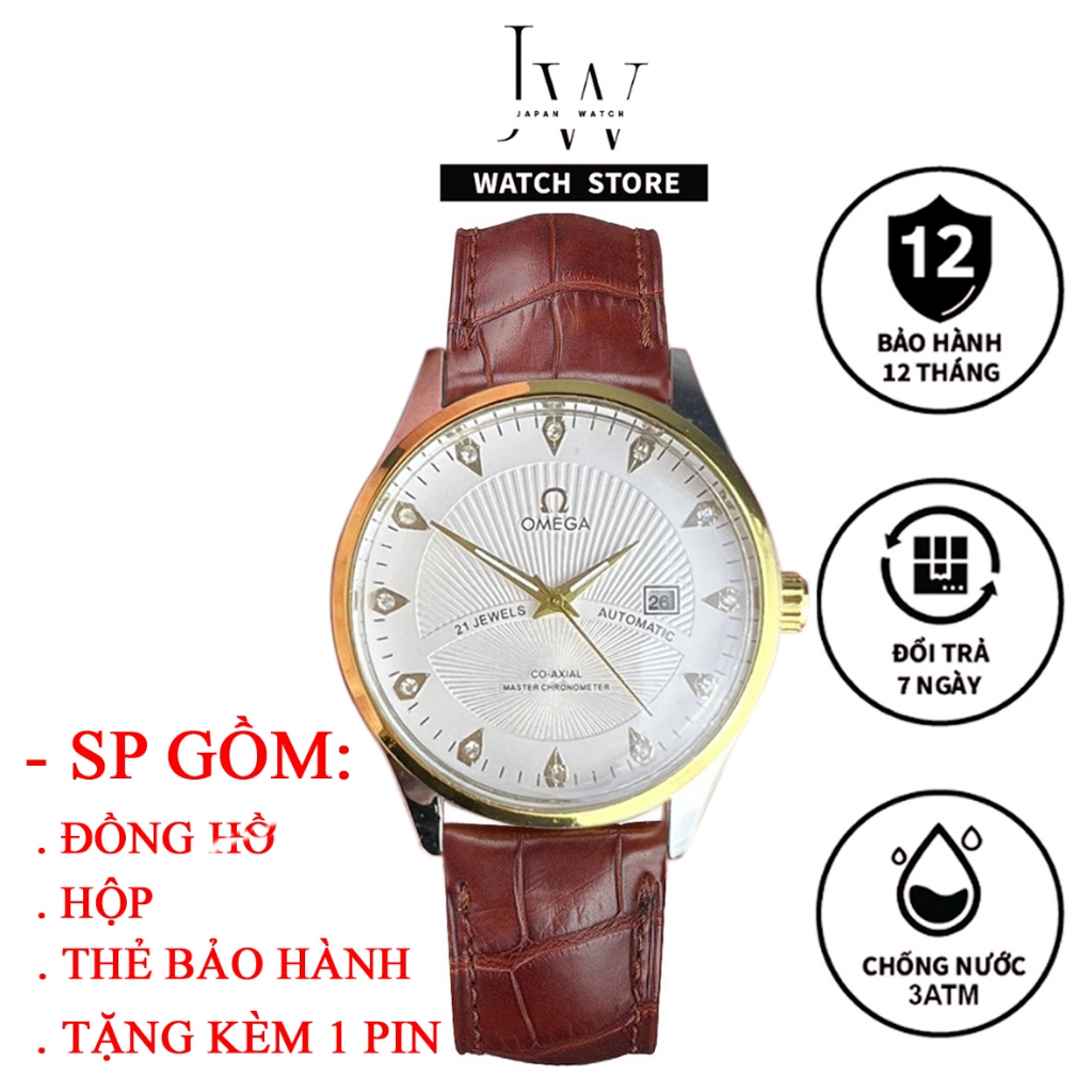 Đồng Hồ Nam Omga JAPAN WATCH Mặt Kính Khoáng Chống Xước Viền Vàng Dây Da Cao Cấp Size 40mm