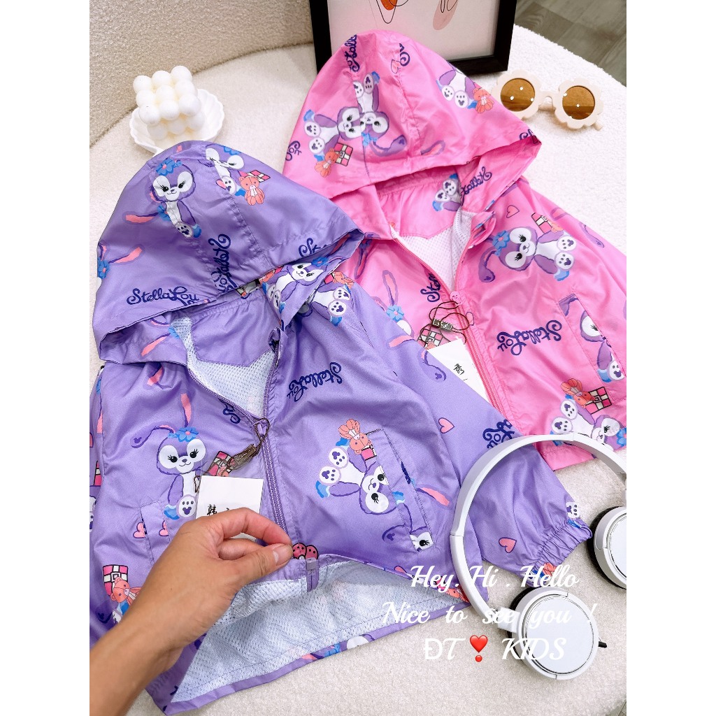 Áo khoác gió trẻ em- áo khoác dù thỏ stela lou 2 màu tím hồng xinh xắn cho bé 8-28kg