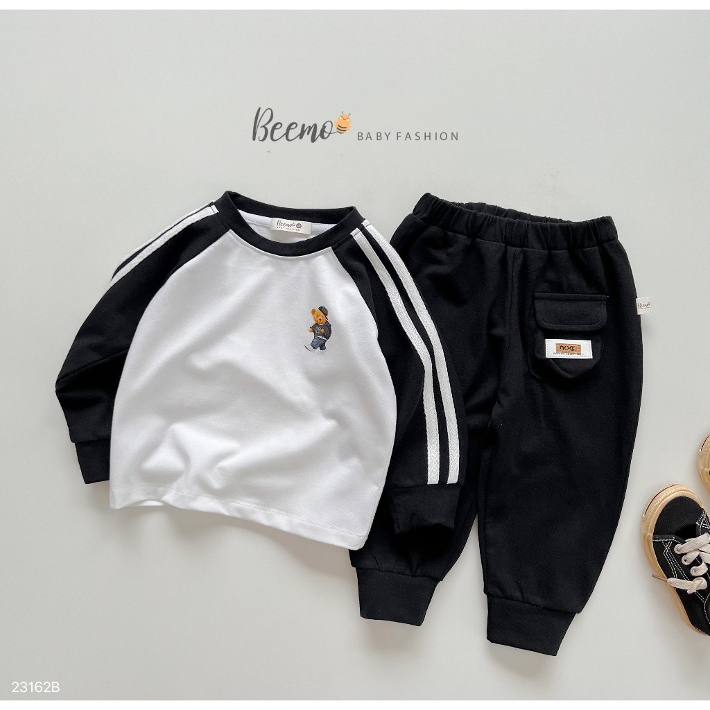 Bộ cotton thể thao dài tay phối sọc in hình gấu Beemo cho bé