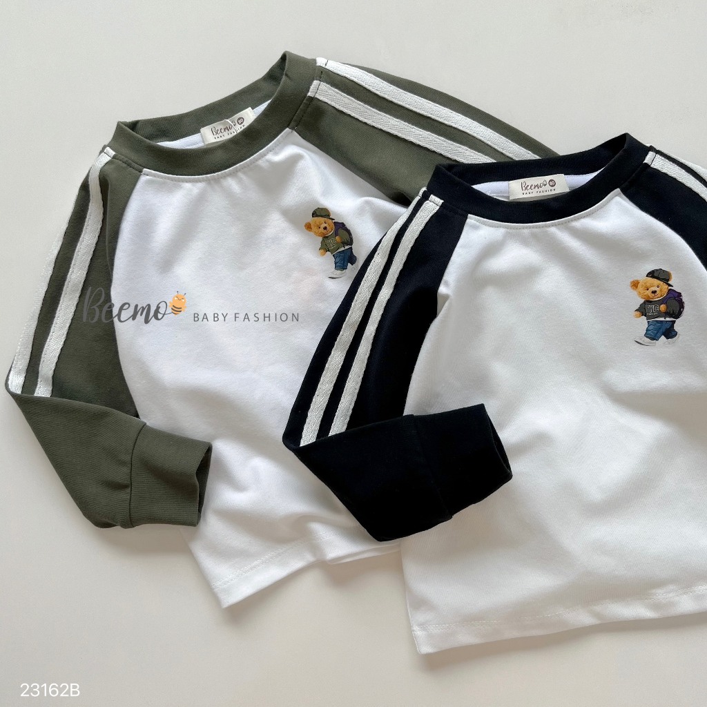 Bộ cotton thể thao dài tay phối sọc in hình gấu Beemo cho bé