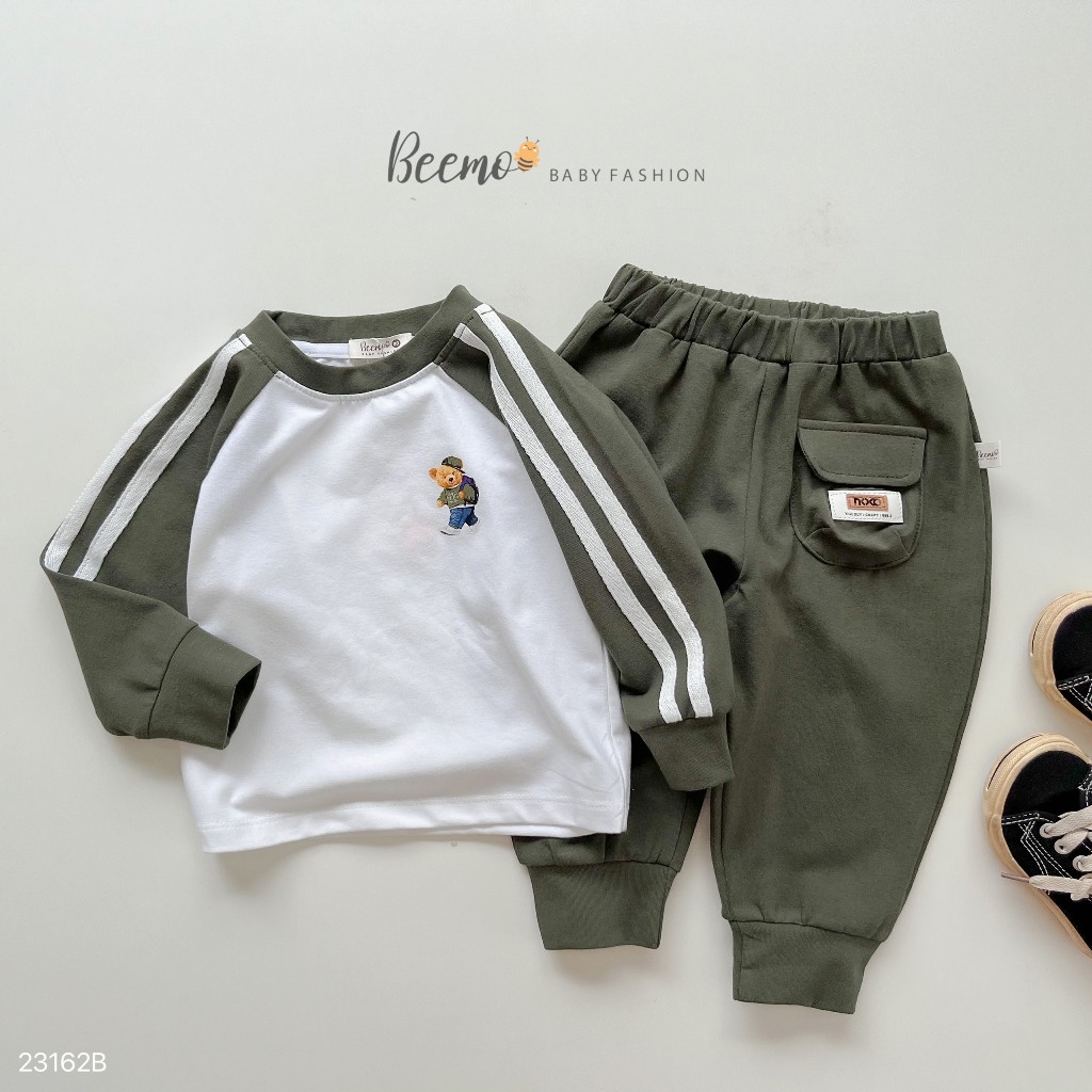 Bộ cotton thể thao dài tay phối sọc in hình gấu Beemo cho bé