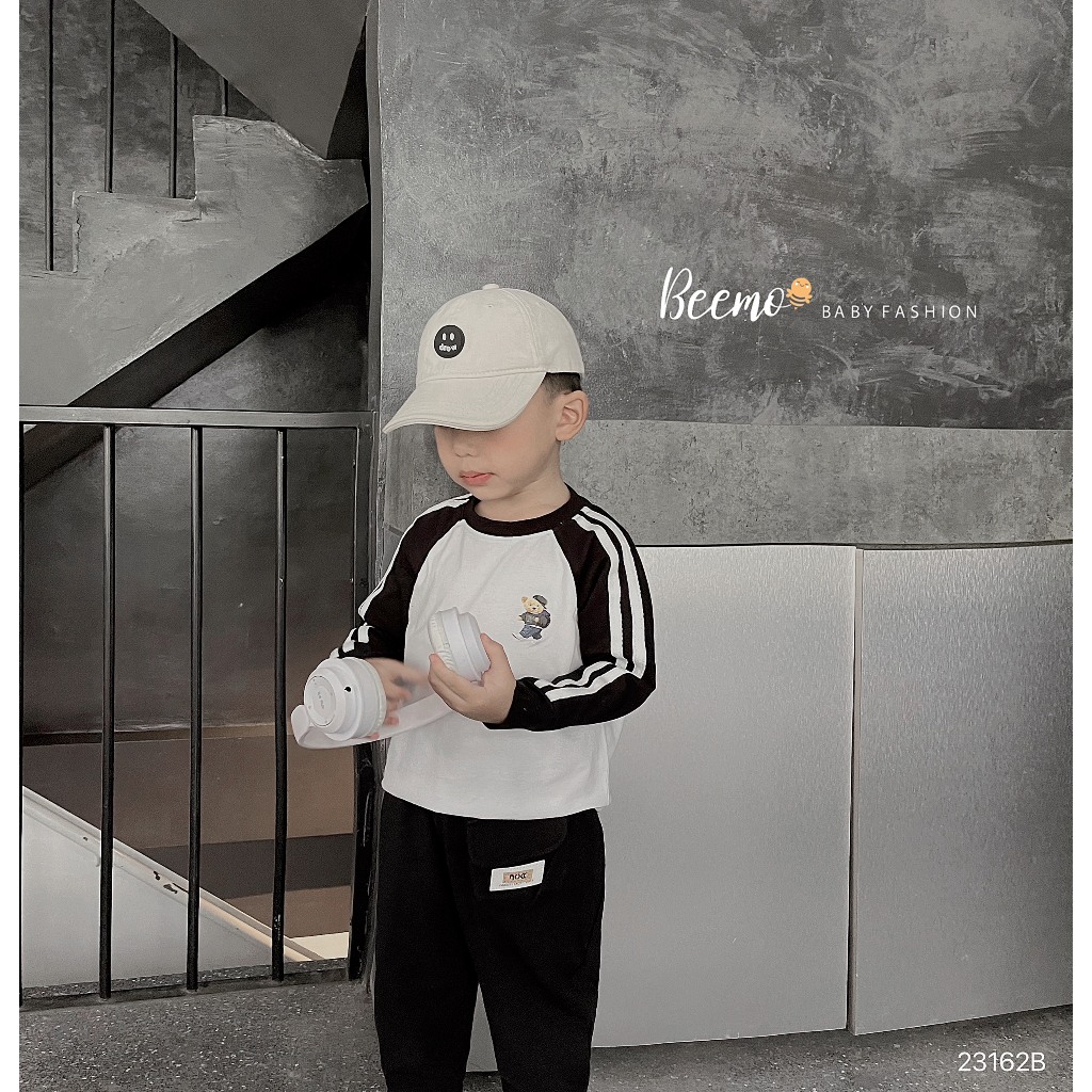 Bộ cotton thể thao dài tay phối sọc in hình gấu Beemo cho bé