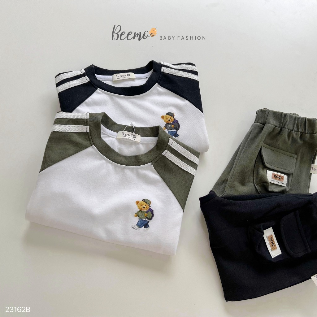 Bộ cotton thể thao dài tay phối sọc in hình gấu Beemo cho bé