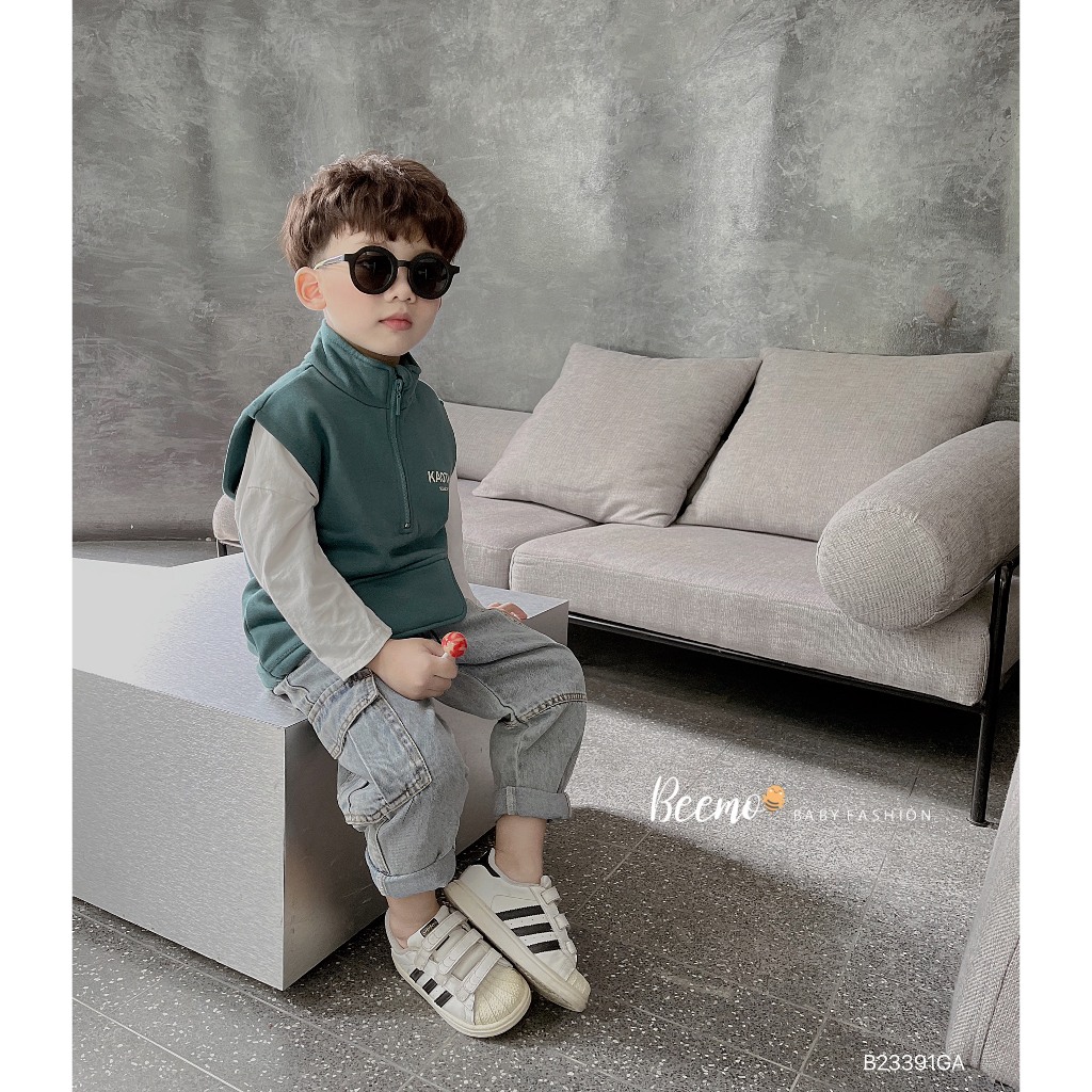 Áo nỉ gile in chữ phối khóa cá tính Beemo cho bé