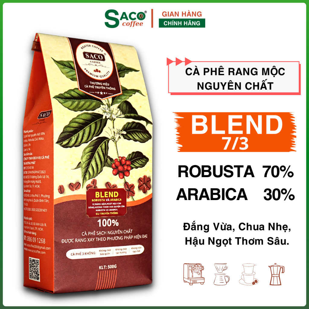 Cà phê rang xay Robusta& Arabica (phối trộn 70%-30%) mộc nguyên chất, Đắng Dịu Hậu Vị Mạnh Thơm Cực Sâu từ SACO COFFEE