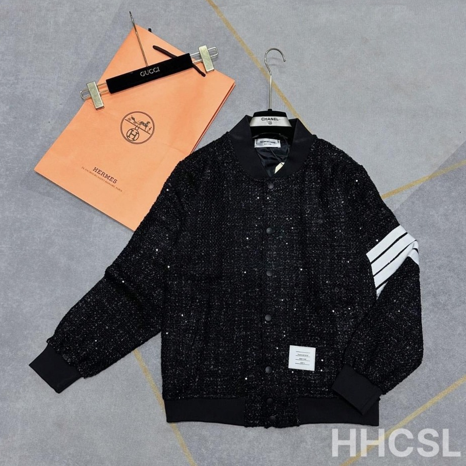 Áo Khoác Bomber Kim Tuyến 4 Sọc Trắng Tay Áo 2 Lớp - Áo Bomber Nam Nữ Dày Dặn Phong Cách Trẻ