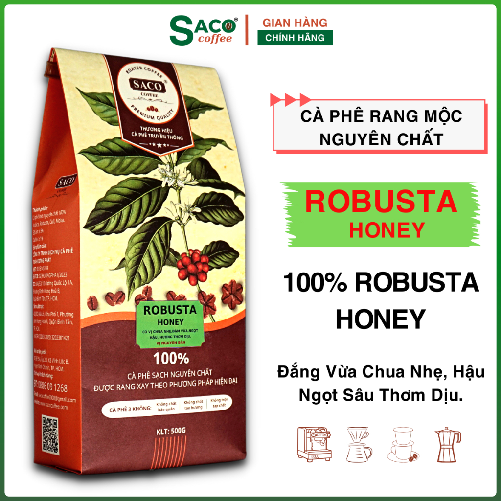 Cà phê Robusta Honey nguyên chất rang mộc 100% Đắng Đầm Hậu Ngọt Thơm Nồng dùng pha phin pha máy từ Saco Coffee