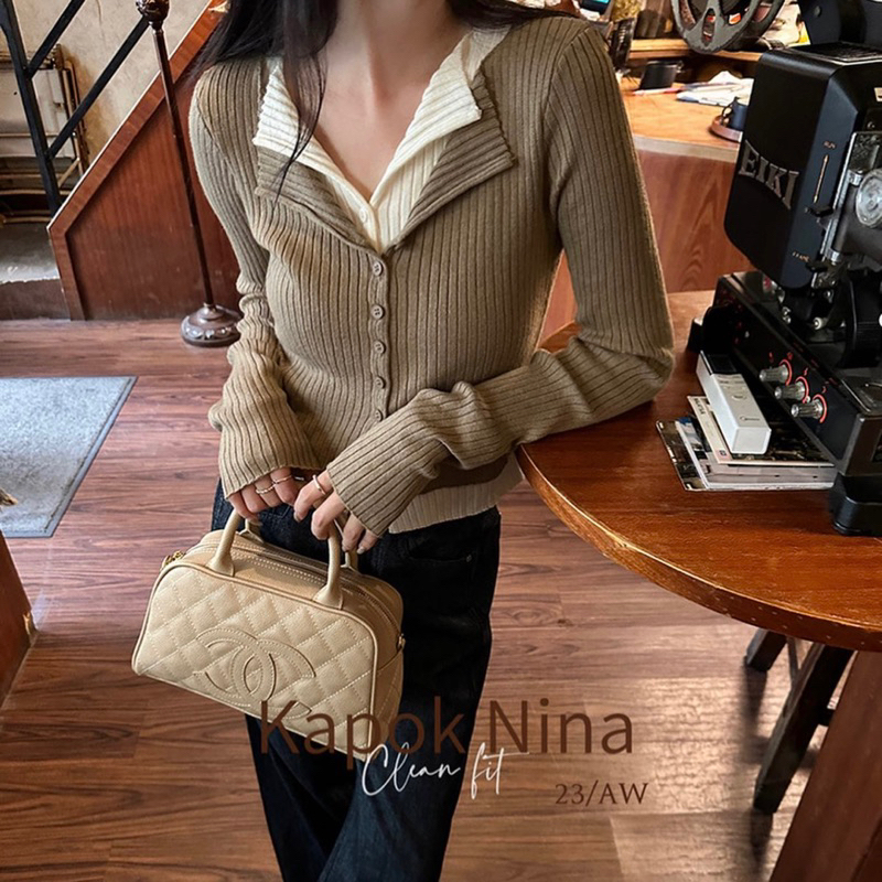 Áo len dệt kim khuy cài hai lớp phối màu