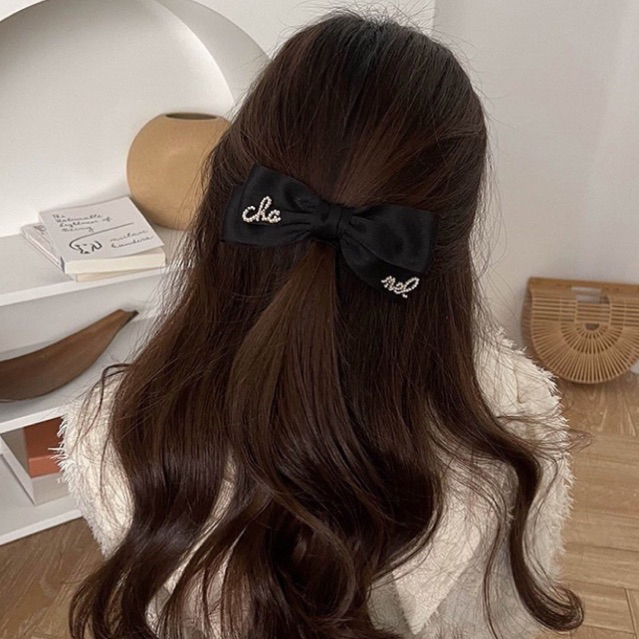 Nơ kẹp tóc lụa satin đính đá hai bên sang chảnh N57