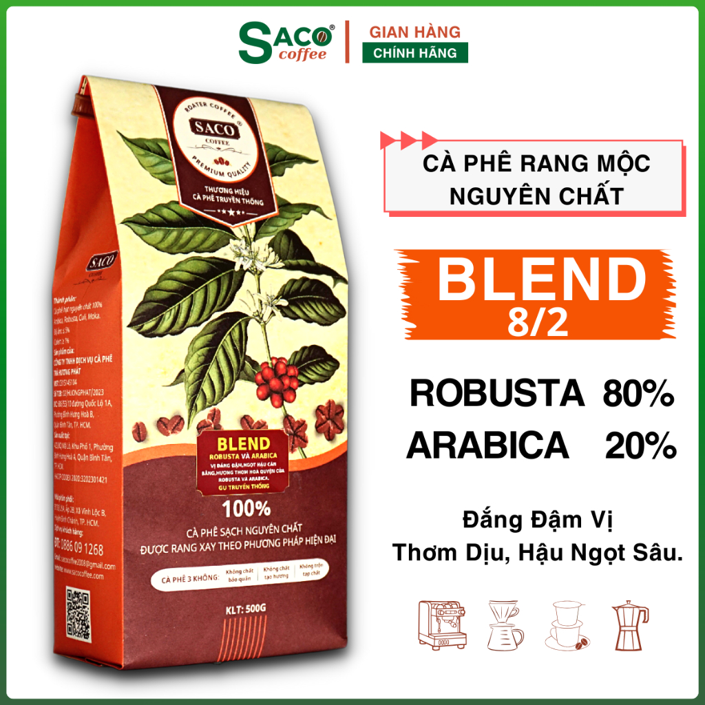 Cà phê nguyên chất Blend Robusta - Arabica (80%- 20%) cafe hạt nguyên chất- đắng vừa thơm sâu hậu ngọt, mộc- Saco coffee