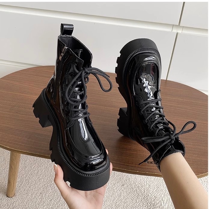 Giày boost nữ cổ lửng buộc dây đế độn 6.5cm da trơn mềm kiểu dáng cá tính thanh lịch maacu mới nhất