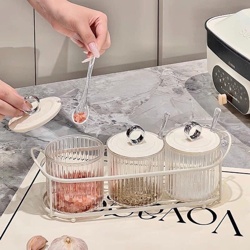 SET 3-4 HŨ GIA VỊ NẮP CÓ VÒNG KHUYÊN TRÒN BẠC