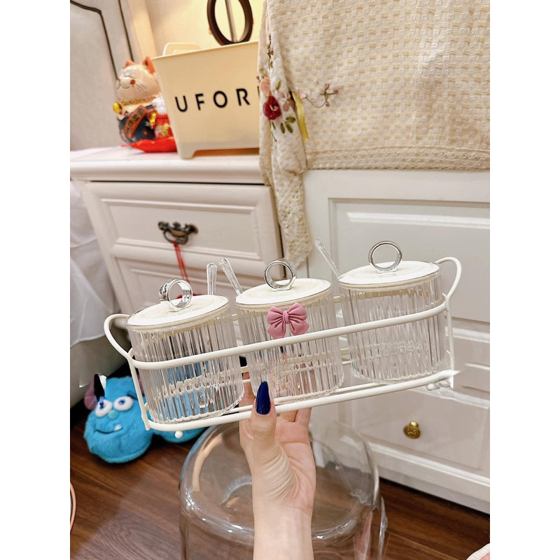 SET 3-4 HŨ GIA VỊ NẮP CÓ VÒNG KHUYÊN TRÒN BẠC