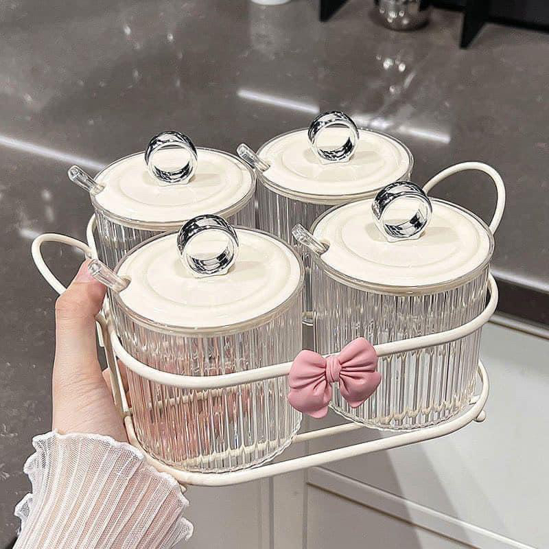 SET 3-4 HŨ GIA VỊ NẮP CÓ VÒNG KHUYÊN TRÒN BẠC