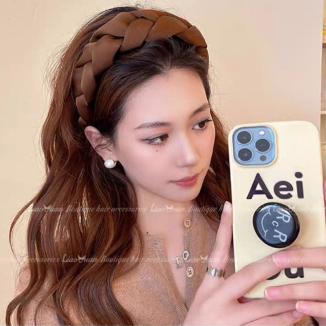 Bờm tóc nữ bản to vải lụa ba màu đen nâu kem thời trang B01