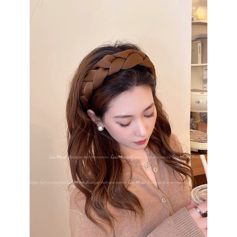 Bờm tóc nữ bản to vải lụa ba màu đen nâu kem thời trang B01