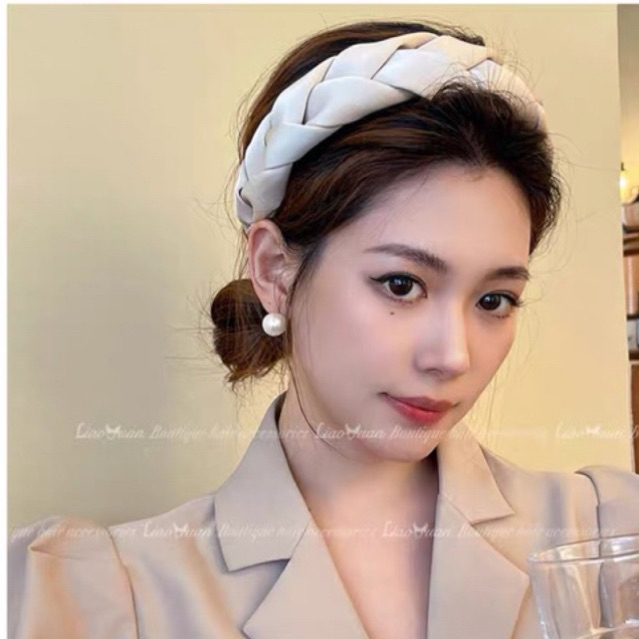 Bờm tóc nữ bản to vải lụa ba màu đen nâu kem thời trang B01