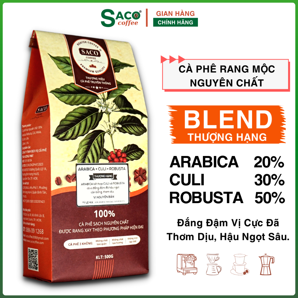 Cafe rang xay Arabica- Robusta- Culi, 1Kg, Kết Hợp Hoàn Hảo Thượng Hạng, Đắng Mạnh Đậm Đà Hậu Ngọt Thơm Ngon SACO COFFEE