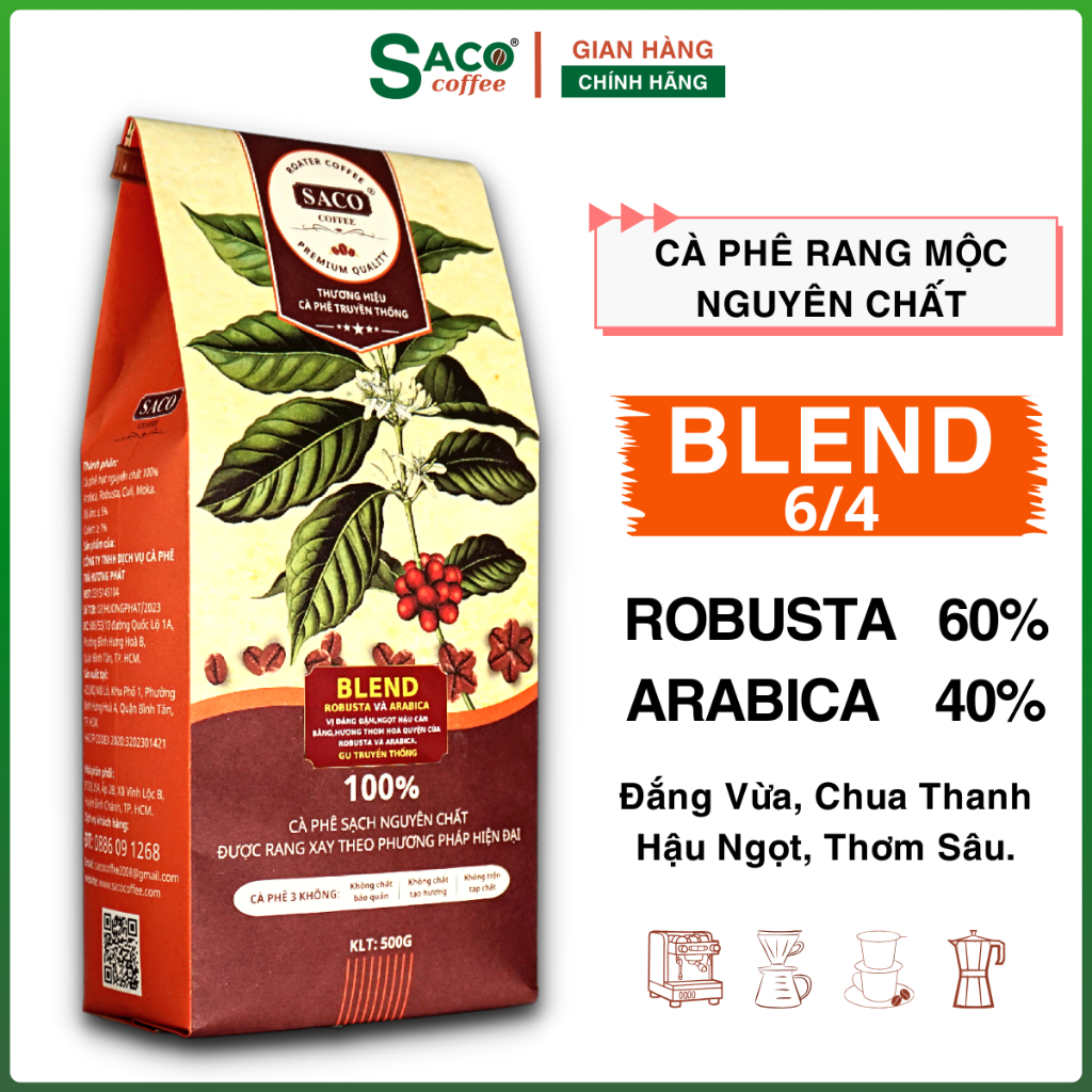 Cà phê nguyên chất Robusta& Arabica (phối trộn 60%- 40%) cafe rang xay- đắng nhẹ, thanh chua thơm sâu, mộc- Saco coffee