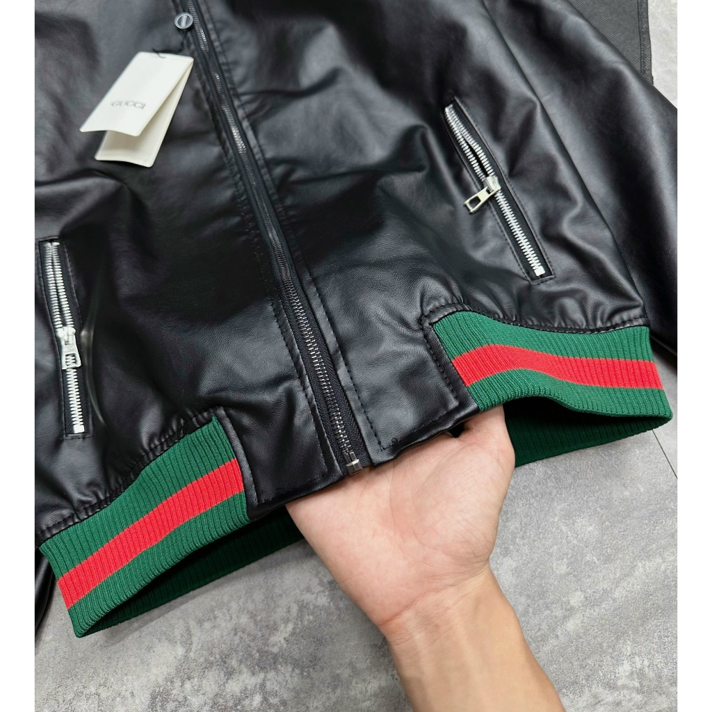 Áo Khoác Da G.C Bomber Jakcet Nam Nữ Trơn Bóng Phối Bo Chun Kẻ Sọc Xanh Đỏ Khóa Zip, Thời Trang Nam
