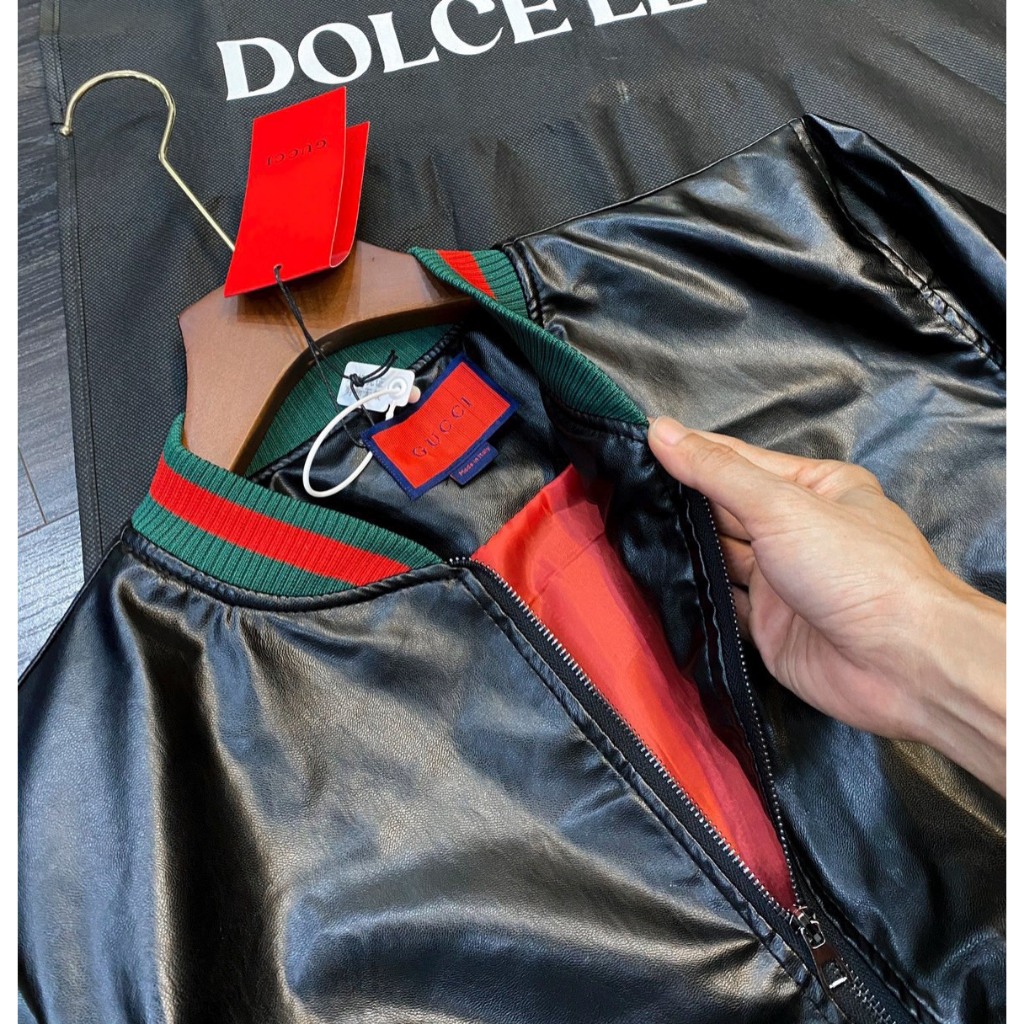 Áo Khoác Da G.C Bomber Jakcet Nam Nữ Trơn Bóng Phối Bo Chun Kẻ Sọc Xanh Đỏ Khóa Zip, Thời Trang Nam