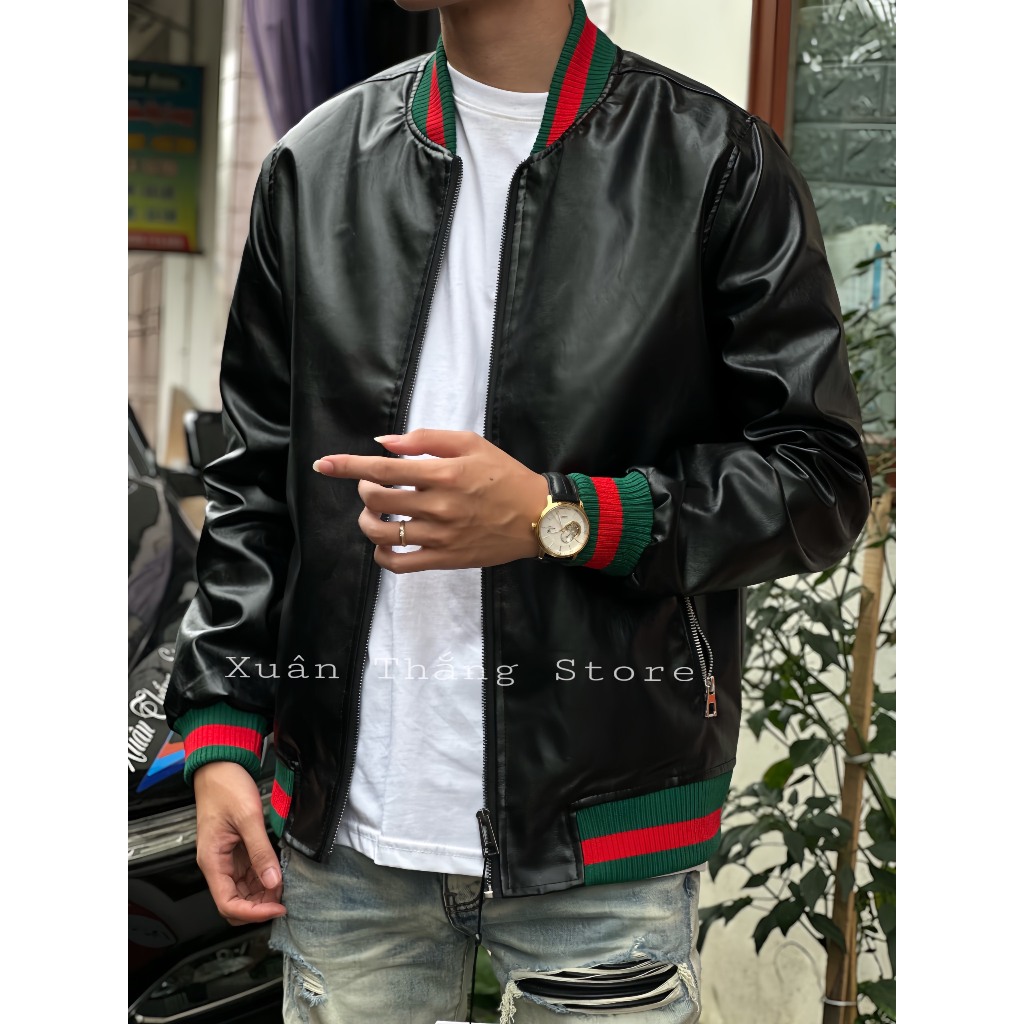 Áo Khoác Da G.C Bomber Jakcet Nam Nữ Trơn Bóng Phối Bo Chun Kẻ Sọc Xanh Đỏ Khóa Zip, Thời Trang Nam