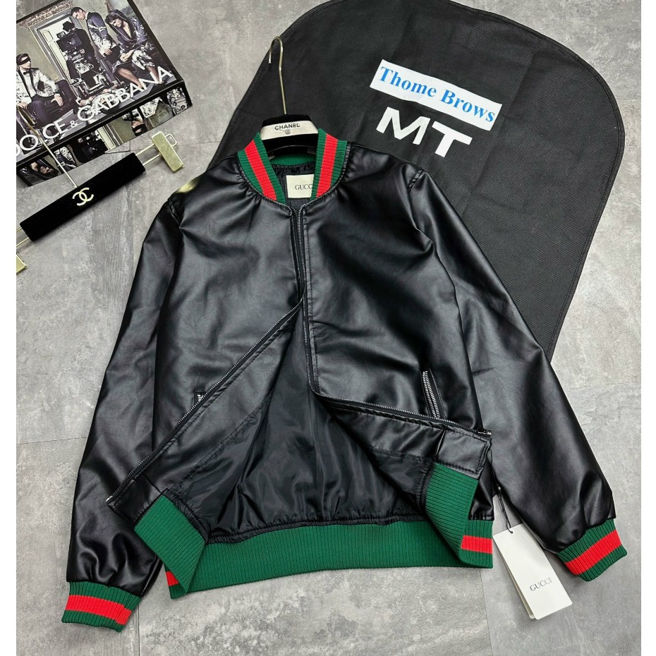 Áo Khoác Da G.C Bomber Jakcet Nam Nữ Trơn Bóng Phối Bo Chun Kẻ Sọc Xanh Đỏ Khóa Zip, Thời Trang Nam