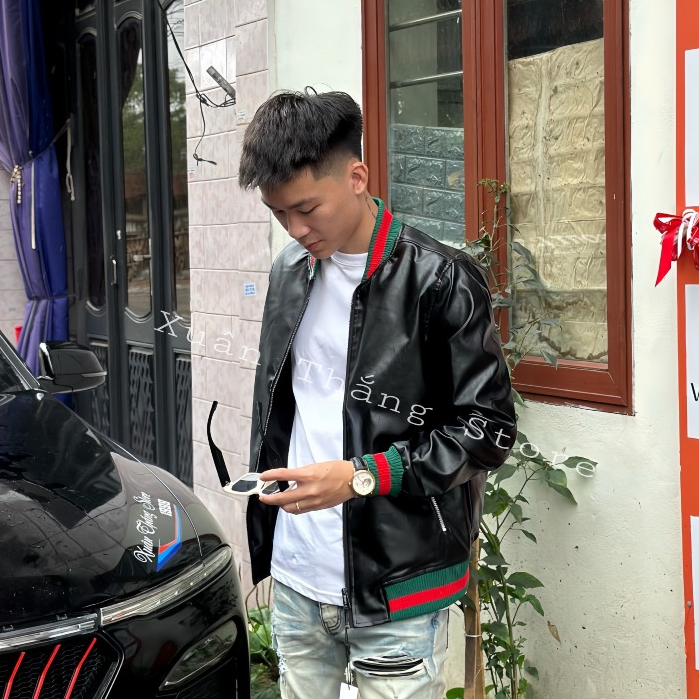 Áo Khoác Da G.C Bomber Jakcet Nam Nữ Trơn Bóng Phối Bo Chun Kẻ Sọc Xanh Đỏ Khóa Zip, Thời Trang Nam