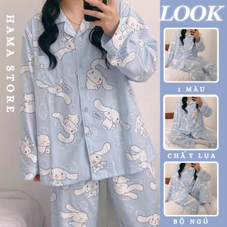 Bộ đồ nữ Pijama lụa tay dài quần dài hoạt hình ullazang mặc ở nhà mùa đông cao cấp chất dày phong cách hàn quốc-BND09