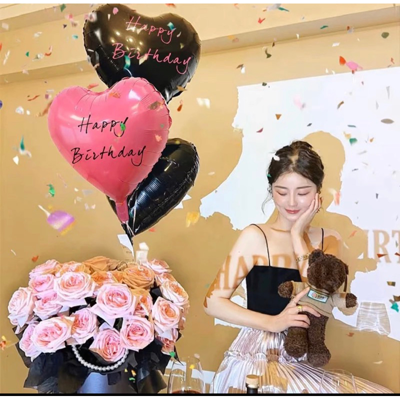 Bóng hình trái tim I Love You, happy birthday đen-hồng,bóng trái tim Black Pink trang trí sinh nhật