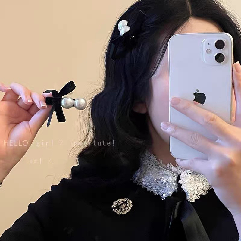 Kẹp mái mini cho nữ đính nơ nhung và hạt dễ thương KM114