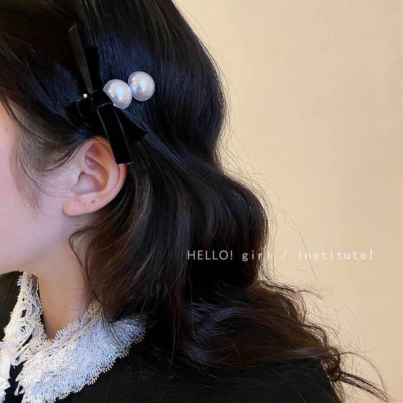 Kẹp mái mini cho nữ đính nơ nhung và hạt dễ thương KM114
