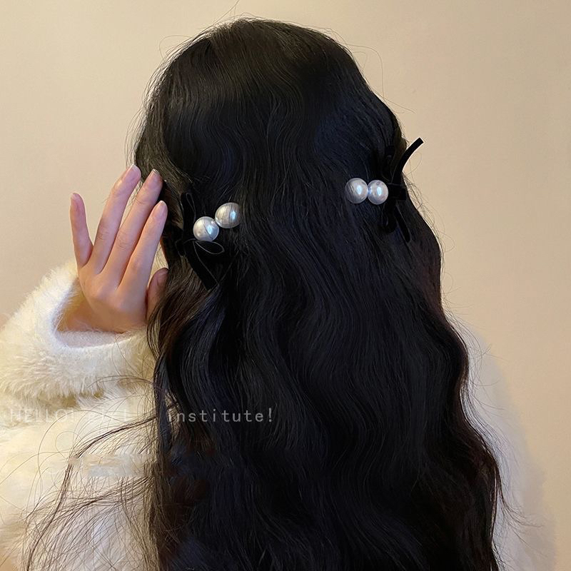 Kẹp mái mini cho nữ đính nơ nhung và hạt dễ thương KM114