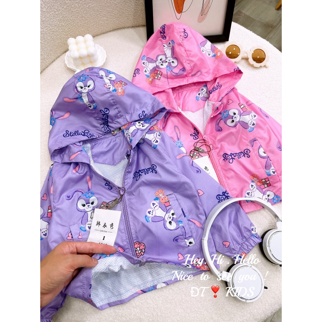 Áo khoác gió trẻ em- áo khoác dù thỏ stela lou 2 màu tím hồng xinh xắn cho bé 8-28kg