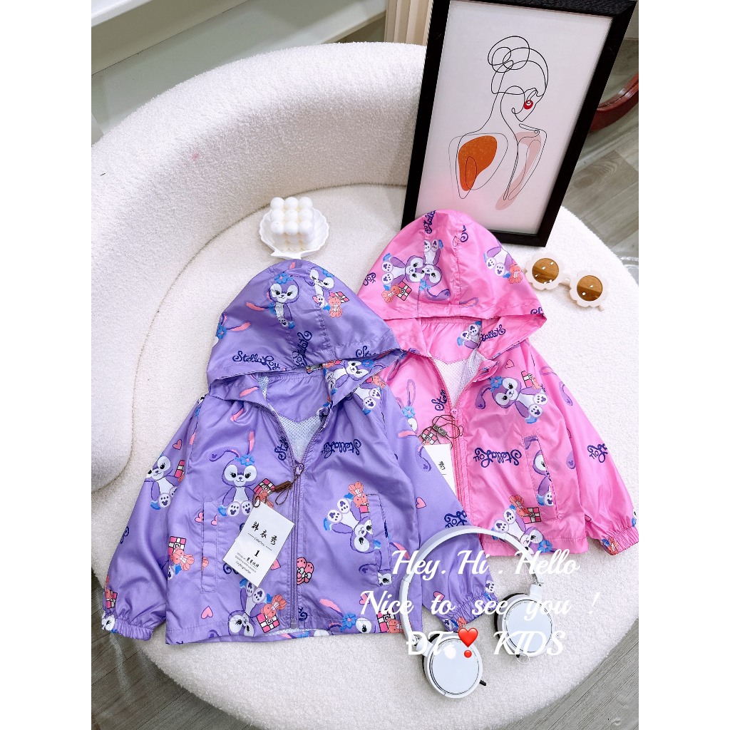 Áo khoác gió trẻ em- áo khoác dù thỏ stela lou 2 màu tím hồng xinh xắn cho bé 8-28kg