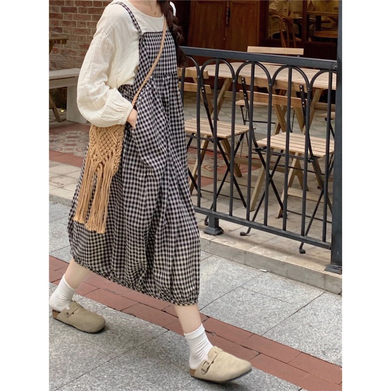 Set yếm váy kẻ dài phối áo xô muslin - Mii