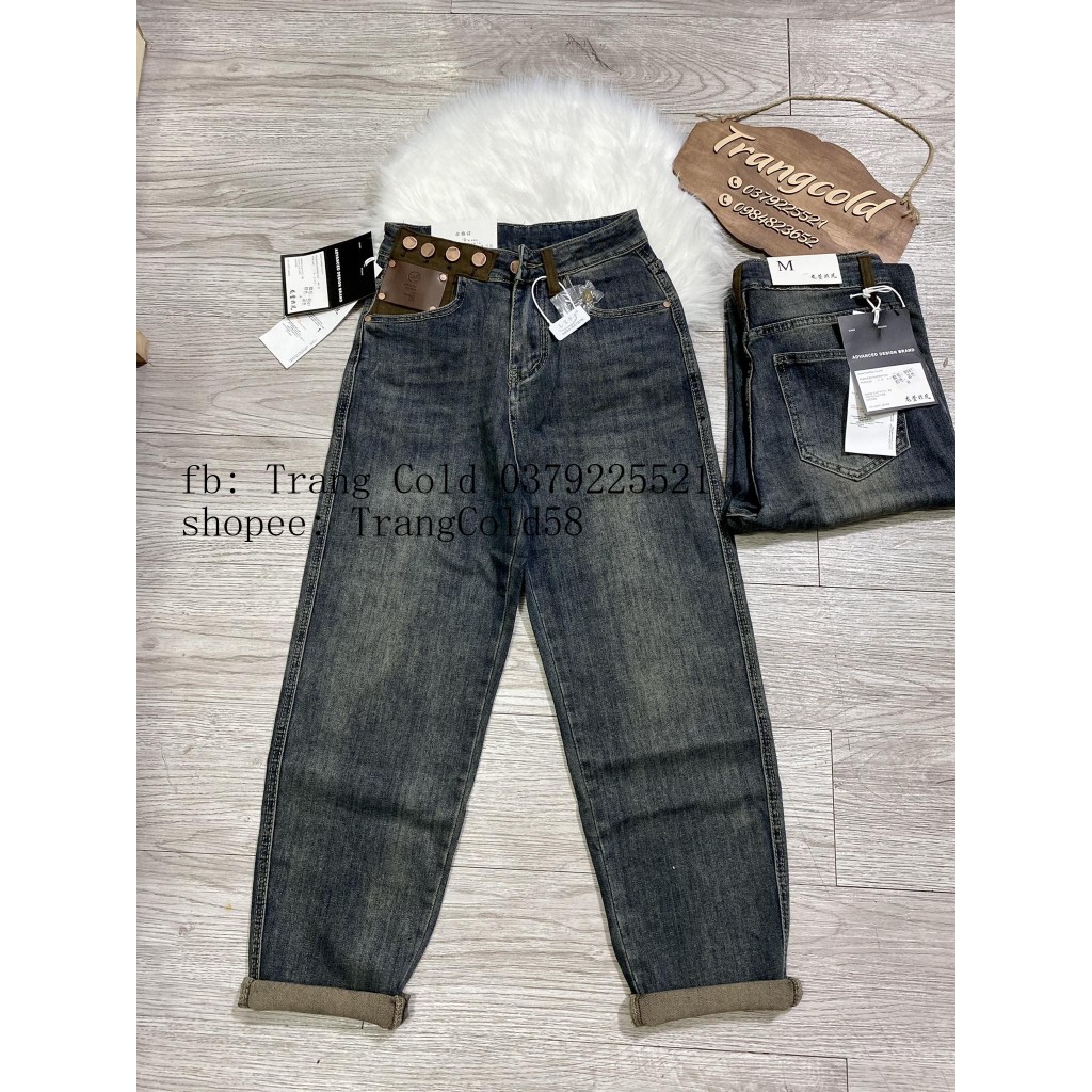 Quần baggy jeans cúc cạp pha nâu hàng QC