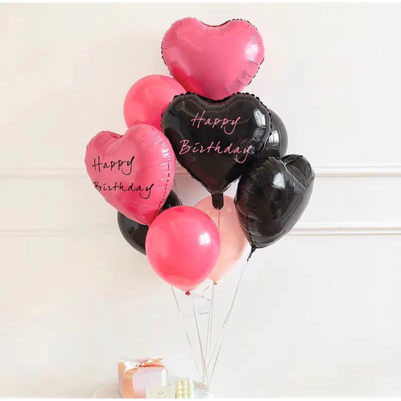 Bóng hình trái tim I Love You, happy birthday đen-hồng,bóng trái tim Black Pink trang trí sinh nhật