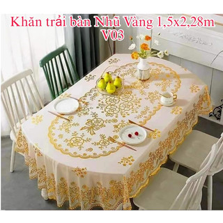 Khăn trải bàn Nhũ Vàng kích thước 1.52m dài 2.28m - Nhũ vàng sang trọng- Chống thấm hình oval