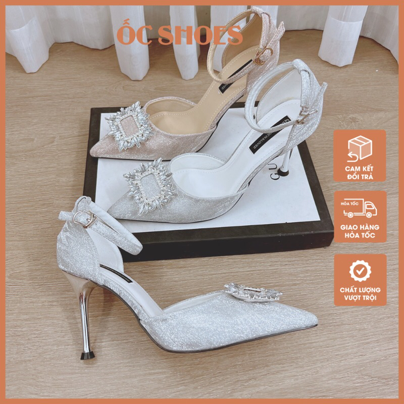 Giày cao gót kim sa mũi nhọn gắn đá, giày bít mũi quai hậu gót nhọn 9cm mã BG