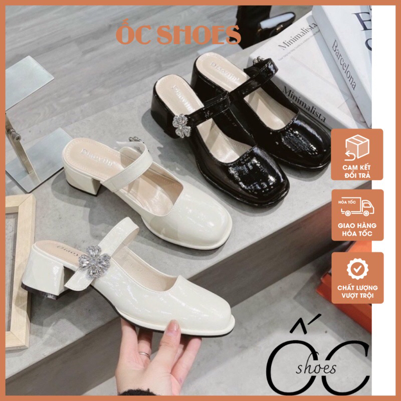 Giày sục quai ngang bản to gắn hoa đá gót vuông 3-7cm mã OC0924