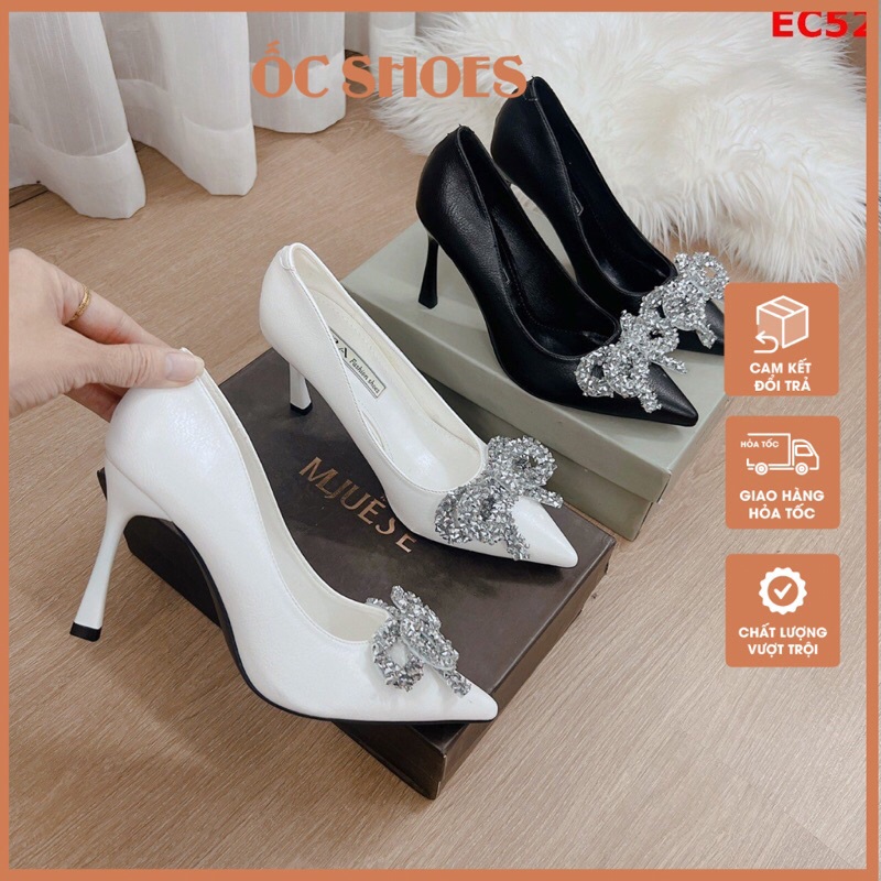 Giày cao gót gắn nơ đá, giày cưới mũi nhọn, gót nhọn 8cm mã OEC52