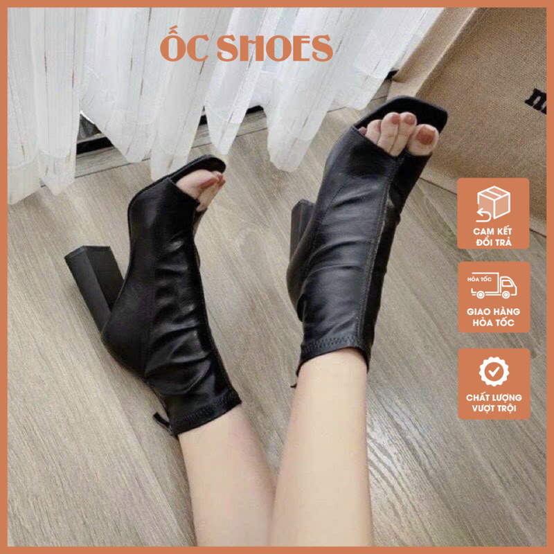 Bốt hở mũi, bốt cao cổ gót vuông 9cm mã 888