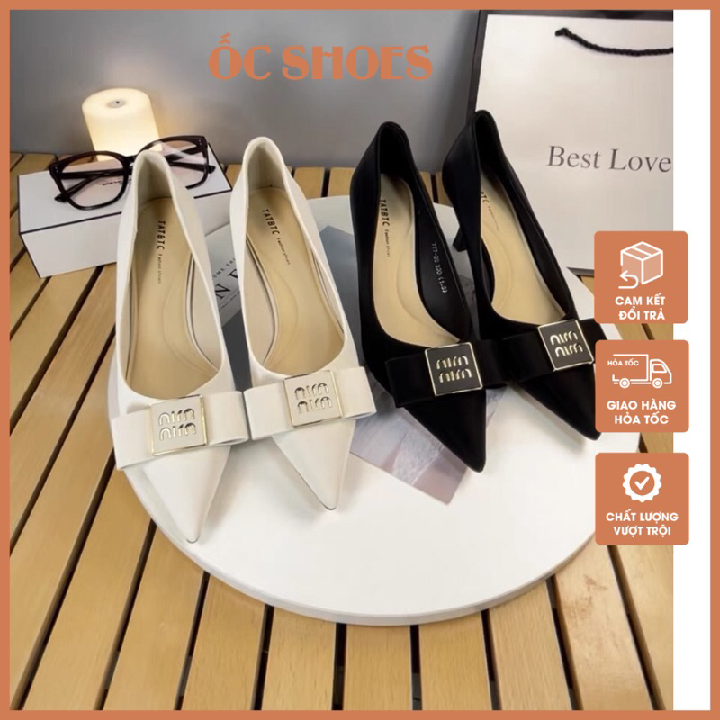 Giày cao gót công sở gắn nơ, giày da mềm mũi nhọn, giày gót nhọn 9cm mã H2