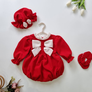 Body Nhung Tăm Đỏ Phối Nơ Trắng Kèm Nón Và Giày Cho Bé Gái 3-12kg [B042]
