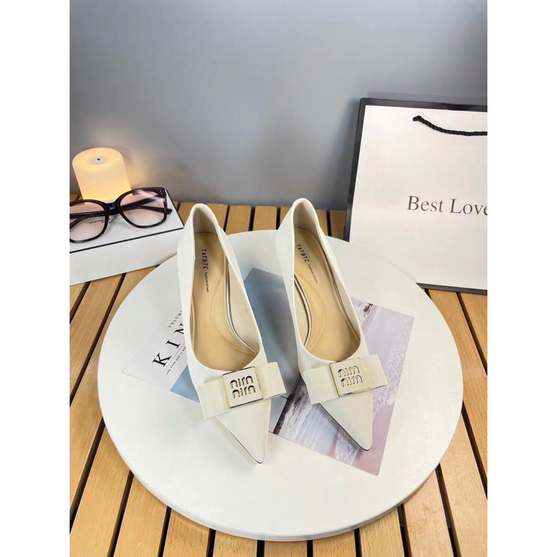 Giày cao gót công sở gắn nơ, giày da mềm mũi nhọn, giày gót nhọn 9cm mã H2